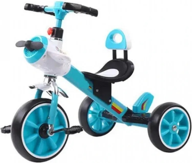 Tricicleta cu pedale NOVOKIDS™ Plane Trike, Cu melodii si lumini, Max 30 kg, Roti din spuma cauciucata, Cadru metalic, Model avion, Turquoise