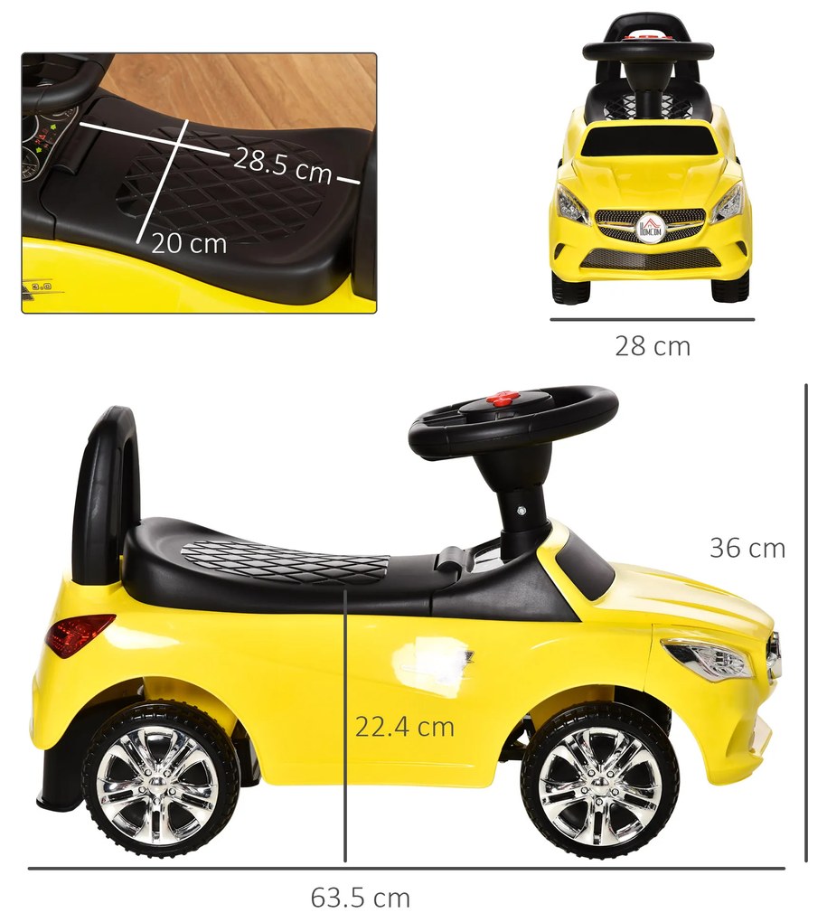 HOMCOM Vehicul de Joacă cu Volan Muzical și Faruri Strălucitoare, Galben, 63.5x28x36cm, pentru Copii 18-36 Luni | Aosom Romania