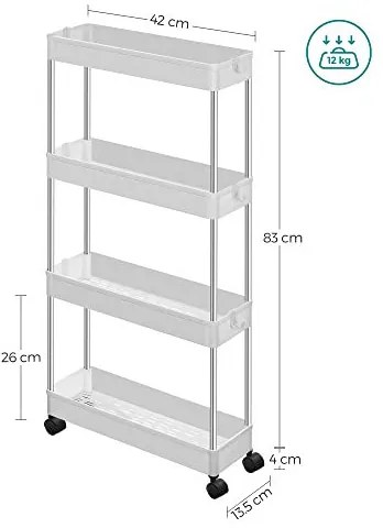 Organizator cu roti, Songmics, 42 x 13.5 x 87 cm, 4 rafturi, KSC08WT, Alb