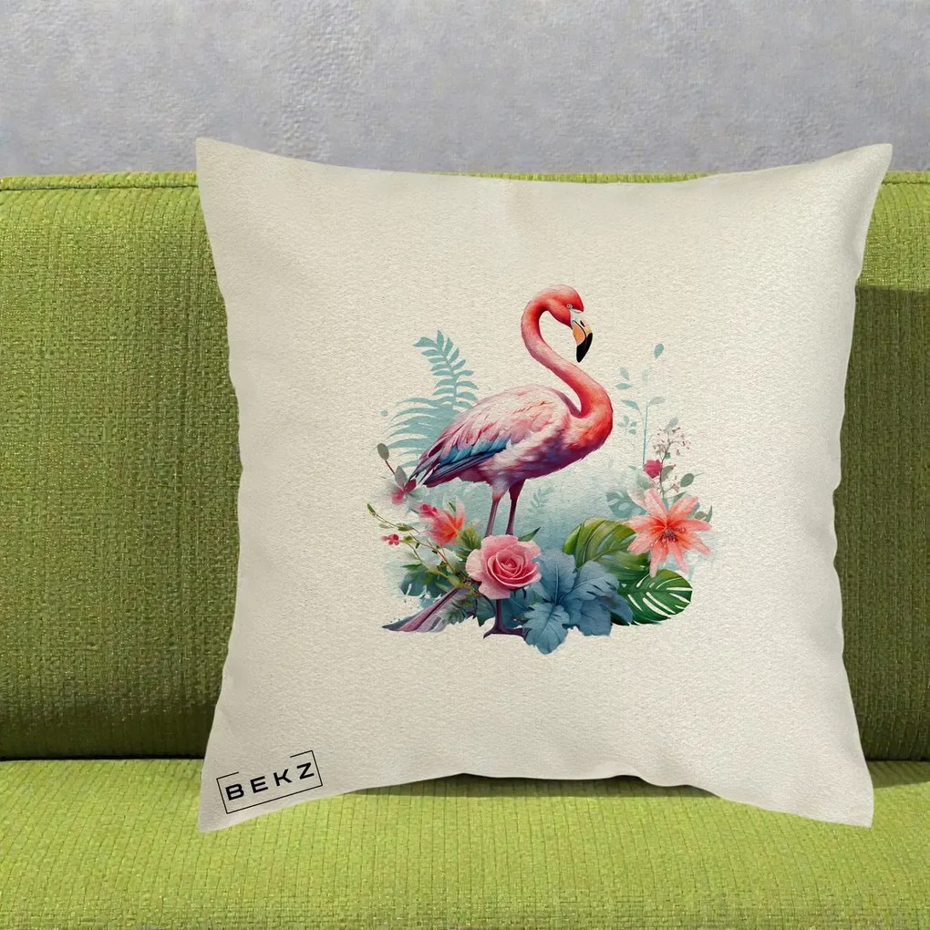 Perna Decorativa Flamingo cu Flori Tropicale Acuarela, 40x40 cm, Ecru, Husa Detasabila, Perna Inclusa, BEKZ®