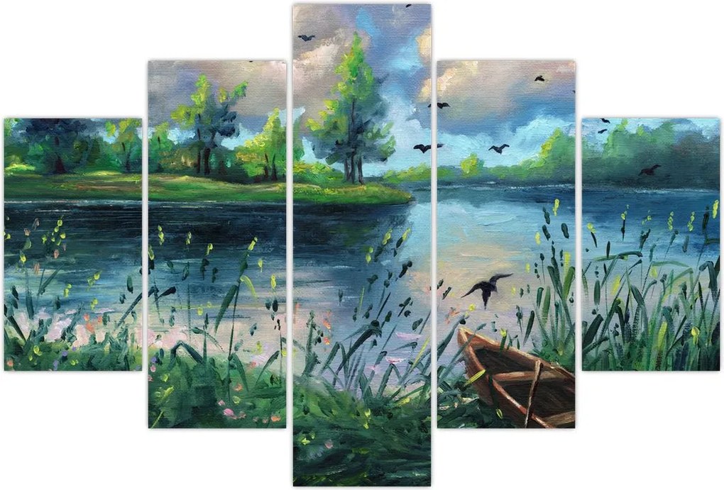 Tablou- Pictură în ulei, seară de vară lângă lac (150x105 cm)