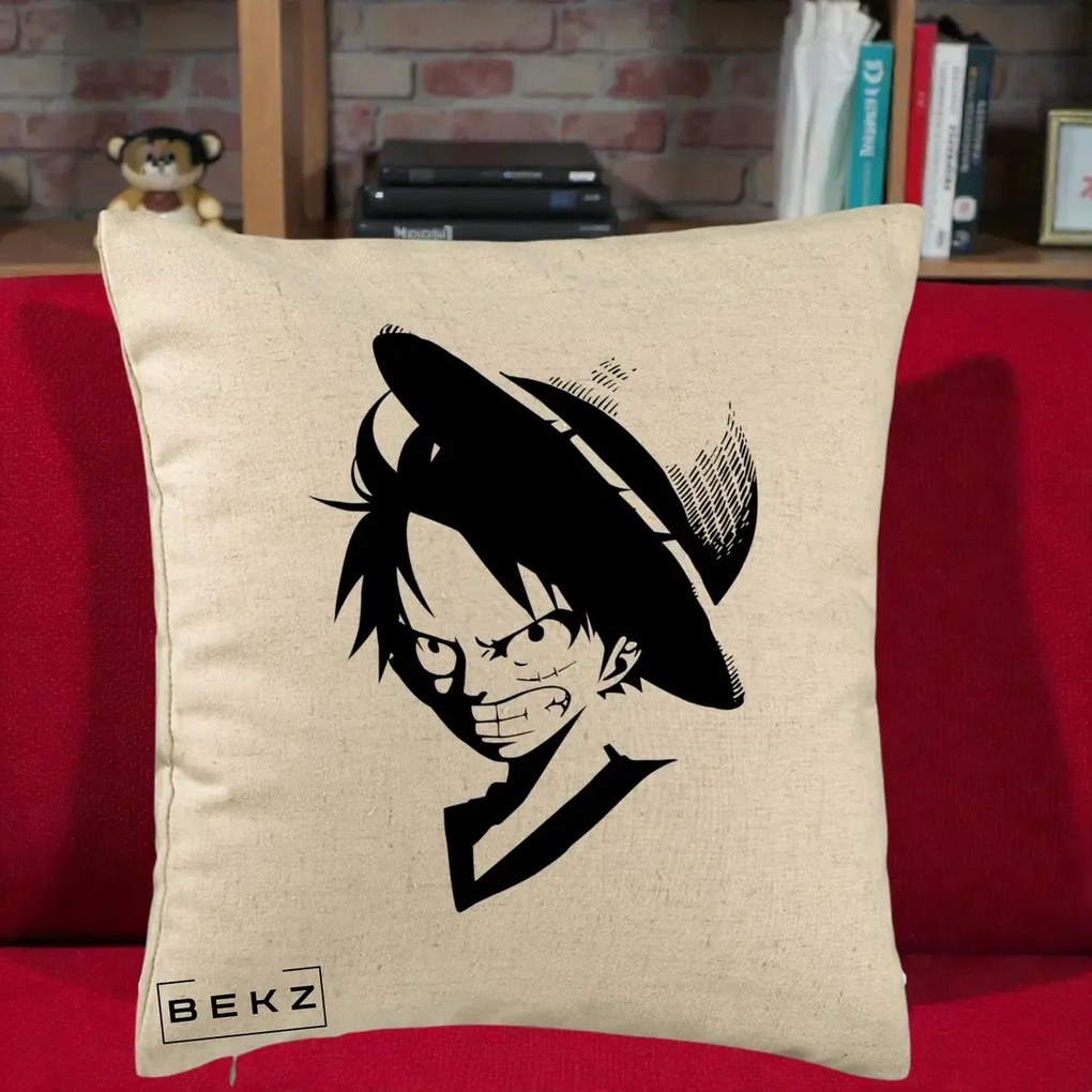 Perna Personalizata One Piece Luffy Silueta Alb-Negru, 40x40 cm, Bej, Husa Detasabila, Perna Inclusa, BEKZ®