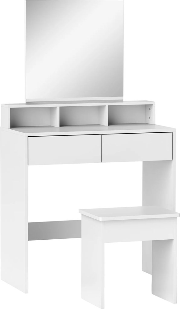 HOMCOM Masă de Toaletă cu Taburet, Masă de Machiaj cu Oglindă, 3 Rafturi, 2 Sertare, din Lemn, 75x38x135 cm, Alb | Aosom Romania
