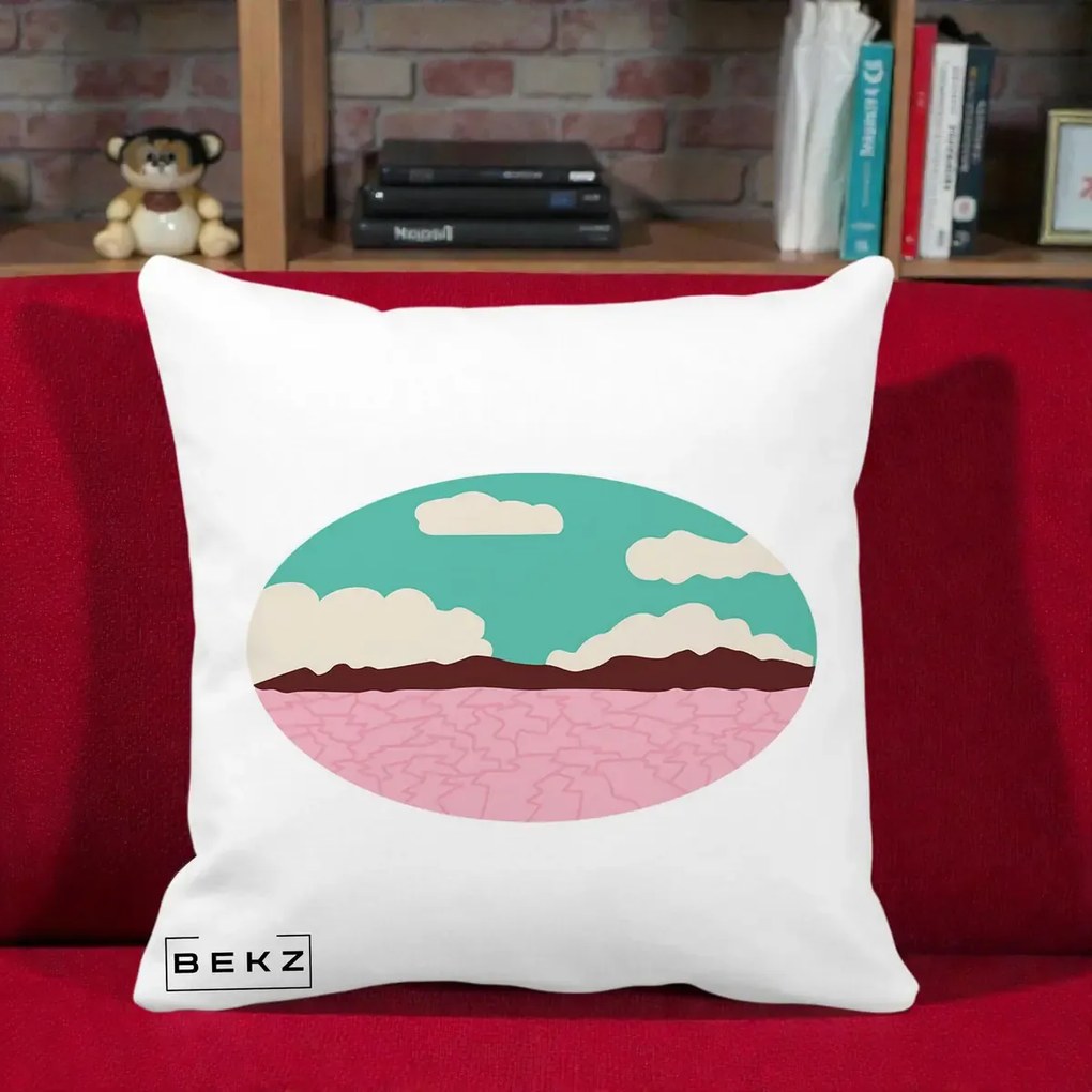 Perna Decorativa Peisaj Desert Oval Pastel, 40x40 cm, Alba Mata, Husa Detasabila, Perna Inclusa, BEKZ®