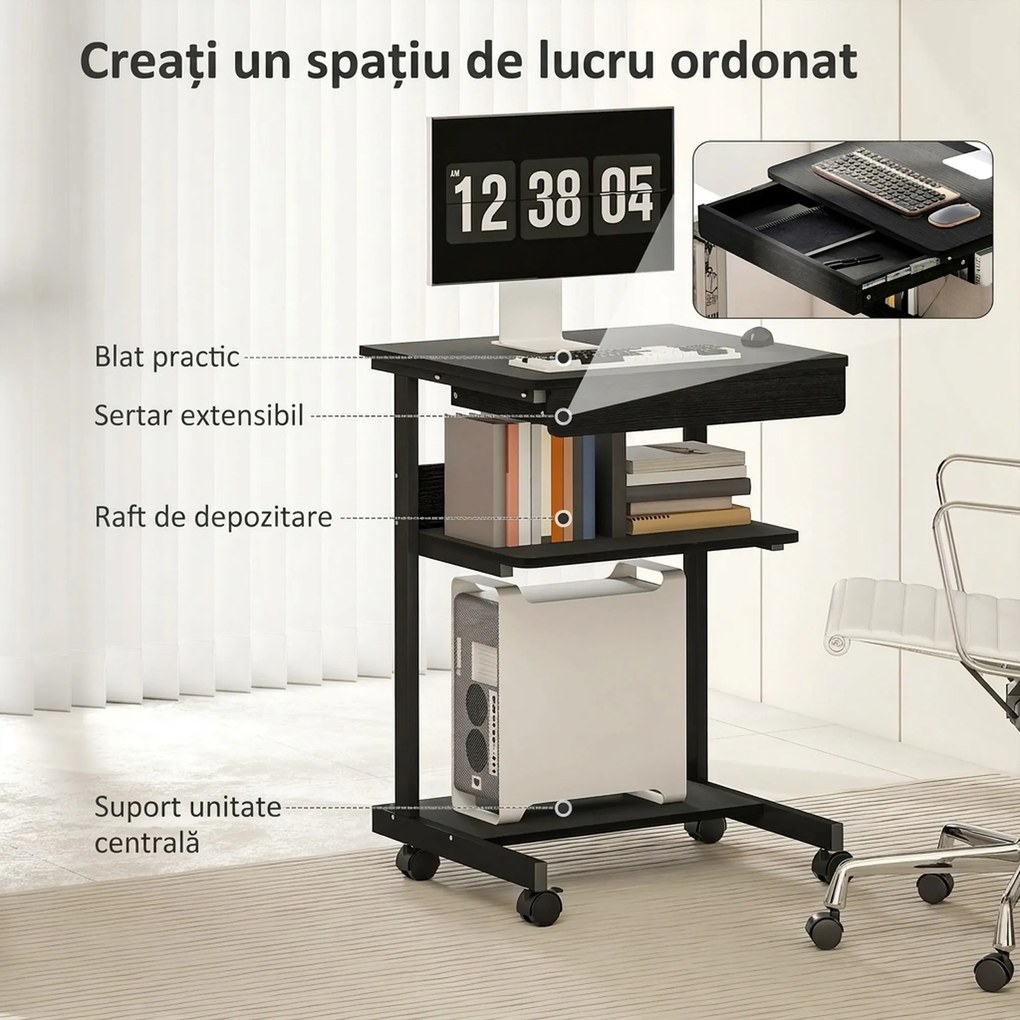 HOMCOM Birou PC cu Sertar Glisant și 2 Rafturi Deschise Negru | Aosom Romania
