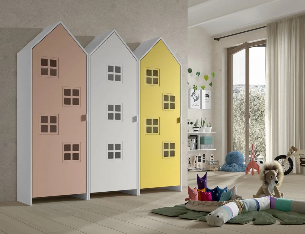Set 3 dulapuri pentru copii Casami Bruges tip colibă de plajă – 1 cu ușă albă, 1 cu ușă Roz Confortabil și 1 cu ușă Galben Strălucitor – Vipack