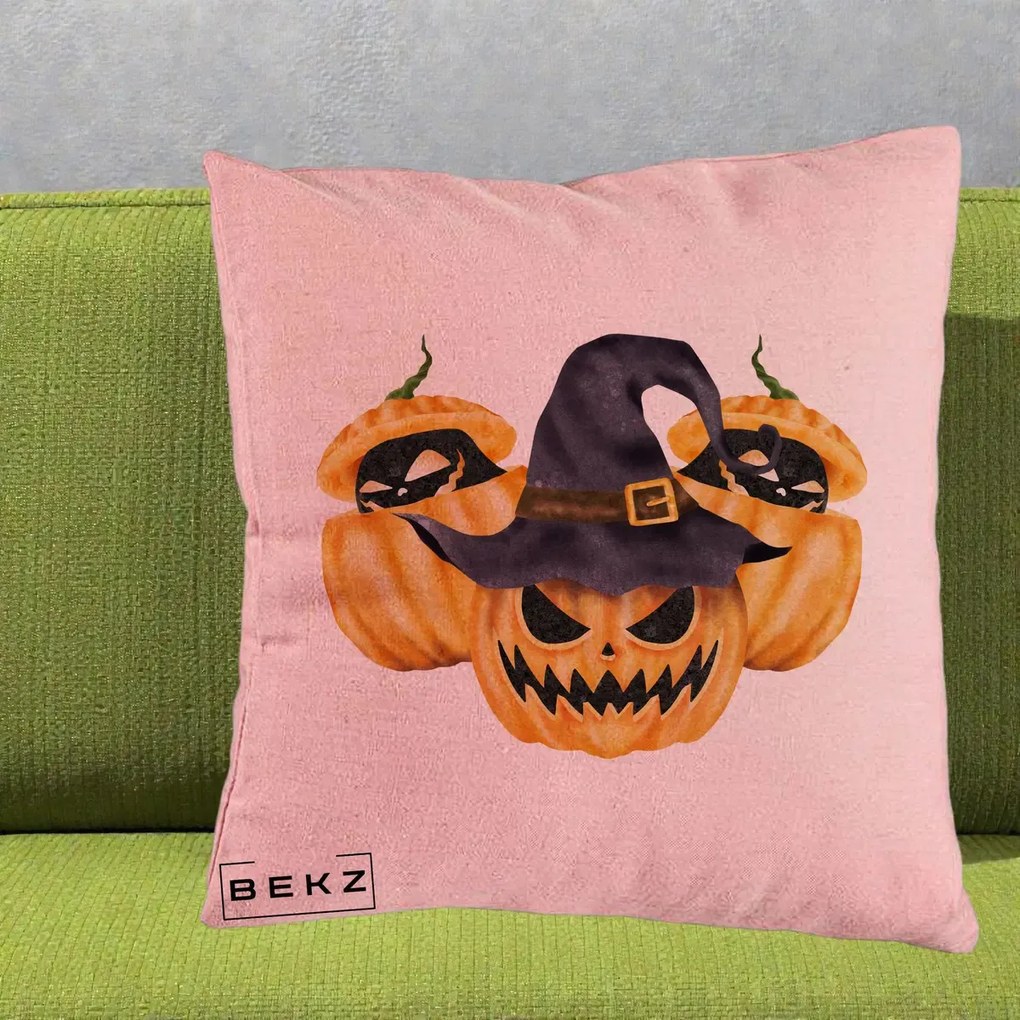 Perna Decorativa Trio Dovleci Jack-o-Lantern cu Palarie Vrajitoare, 40x40 cm, Roz, Husa Detasabila, Perna Inclusa, BEKZ®