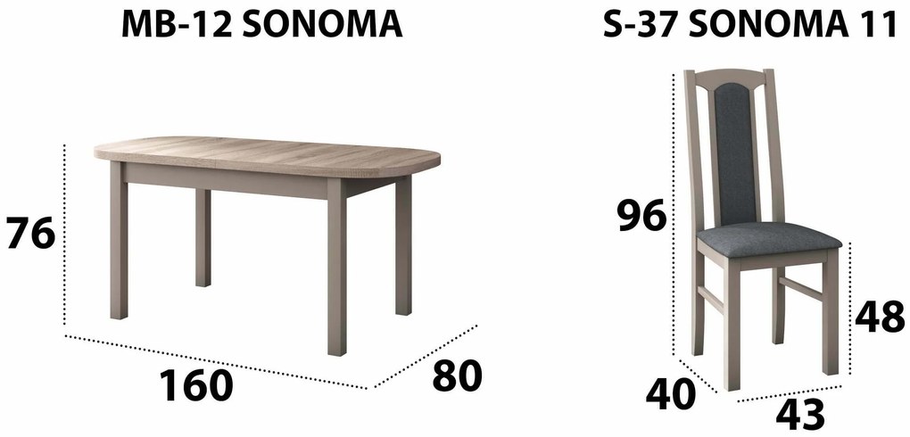 Set masa extensibila 160x200cm cu 6 scaune tapitate, MB-12 Venus1 si S-37 Boss7 S11, sonoma, lemn masiv de fag, stofa
