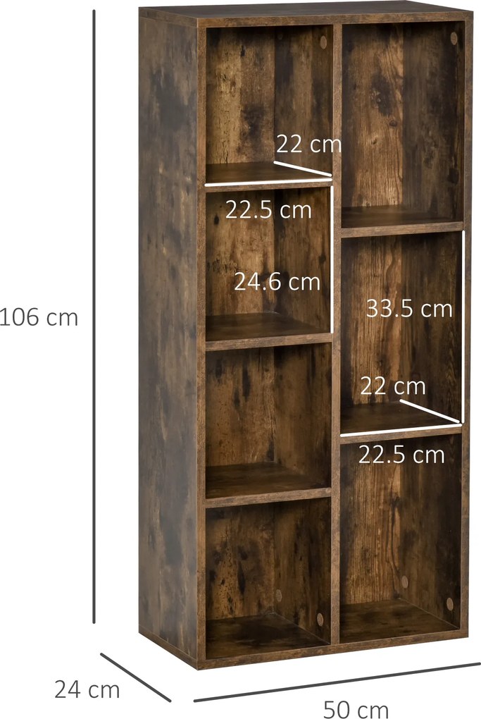 HOMCOM Biblioteca din Lem Stil Vintage Cubica cu 7 suporturi diferite din MDF pentru Casa si Birou 50x24x106cm, Maro Rustic