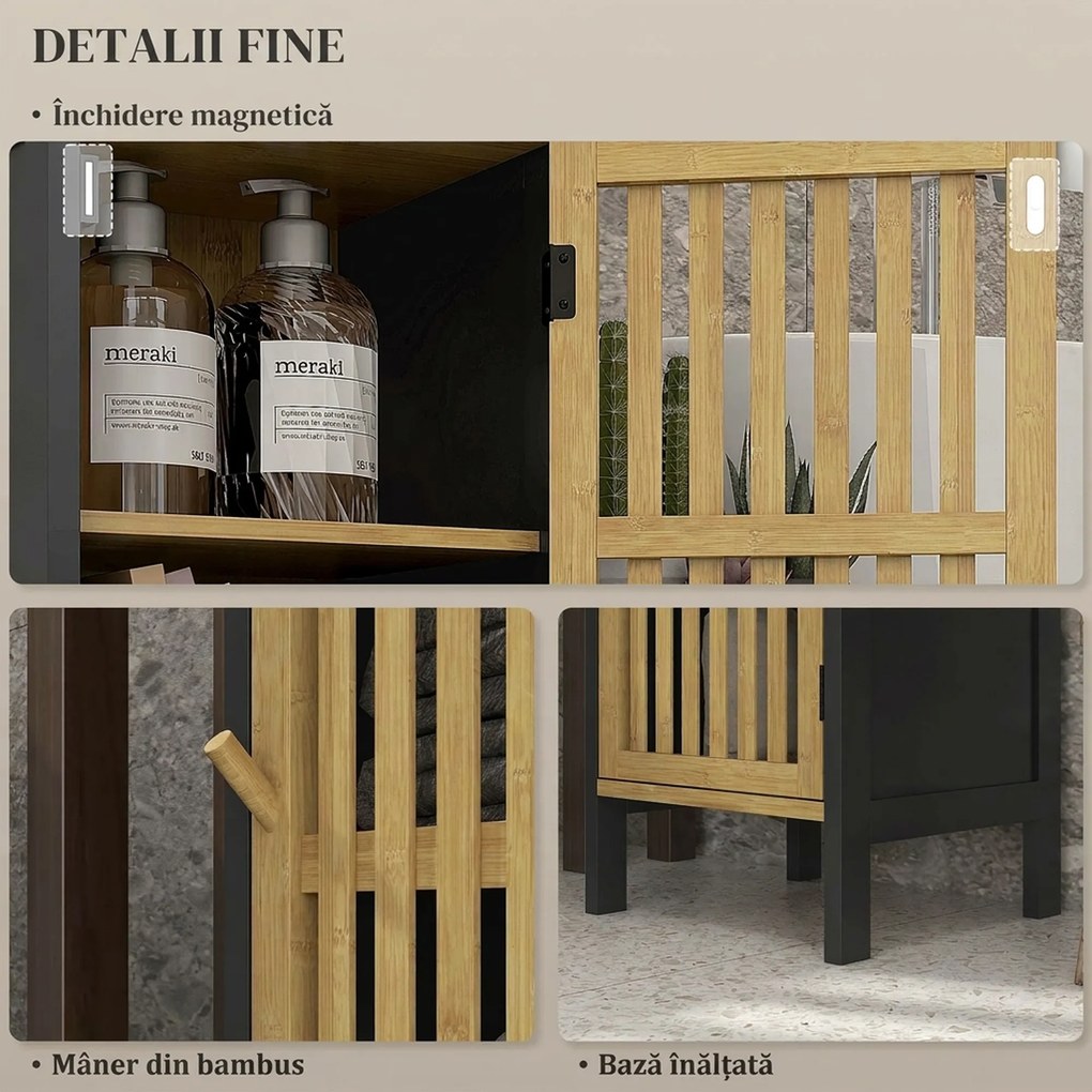 HOMCOM Dulap de Depozitare Îngust, Dulap de Baie Mic din Bambus cu Compartiment Deschis și Raft Reglabil, 32x30x90.5 cm, Negru | Aosom Romania