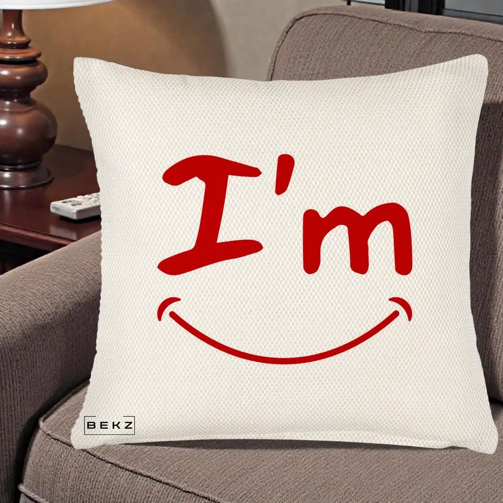 Perna Decorativa I'm Happy Smile, 40x40 cm, Crem Reliefat, Husa Detasabila, Perna Inclusa, BEKZ®