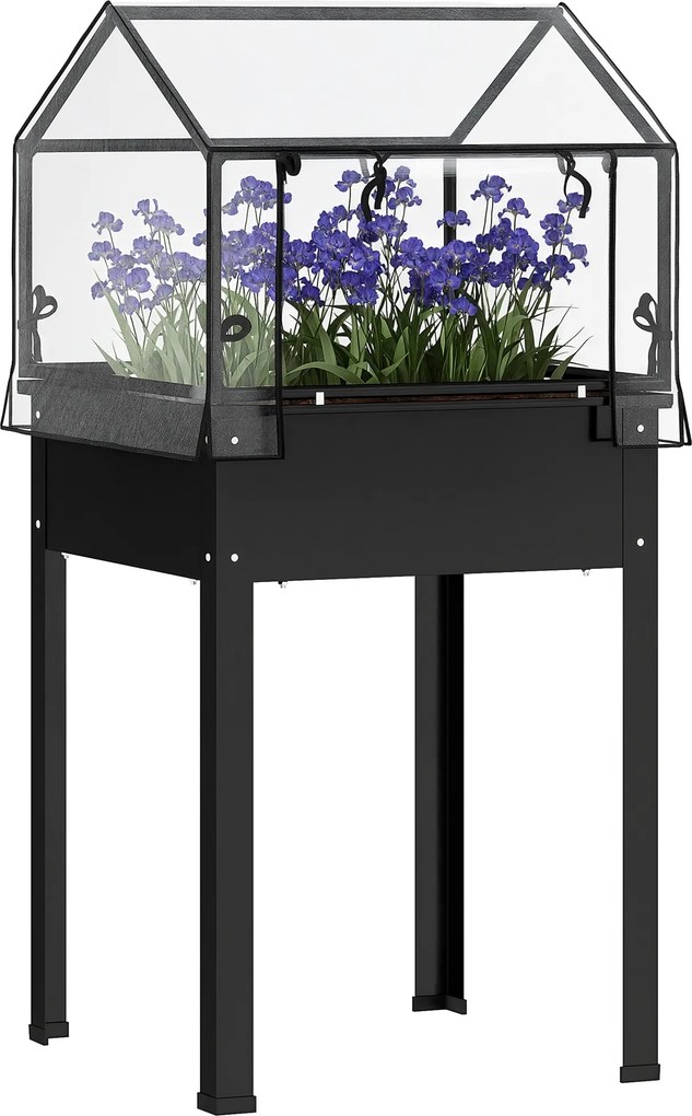 Outsunny Jardinieră cu acoperiș de seră, cutie ridicată pentru plante cu orificii de drenaj, 60 x 60 x 120 cm, Negru | Aosom Romania