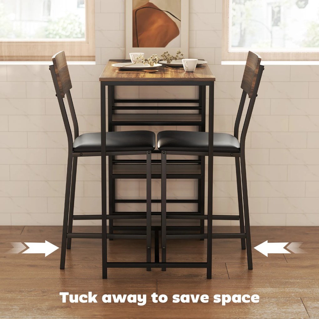 HOMCOM Masă de Bar cu 3 Rafturi și 2 Scaune cu Suport pentru Picioare și Spătar, din Lemn și Oțel, Negru și Nuc | Aosom Romania