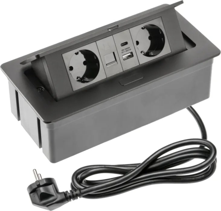 Priza incorporabila in blat Multi Soft GTV, 2 prize Schuko, USB A + C, RJ45, negru, 240 x 120 mm L:240 mm; l:120 mm; H:73 mm, Negru, Aluminiu