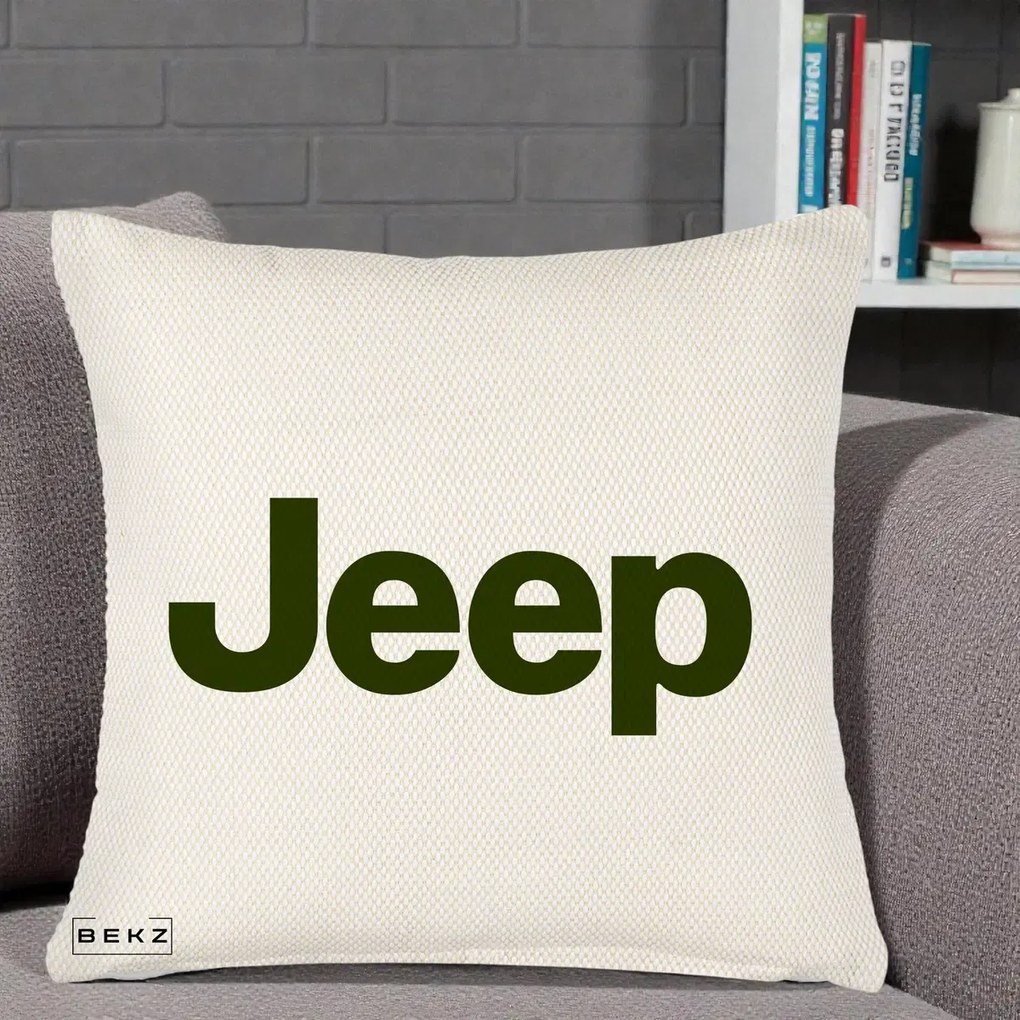 Perna Personalizata cu emblema Jeep, 40x40 cm, Crem Reliefat, Husa Detasabila, Perna Inclusa, BEKZ®