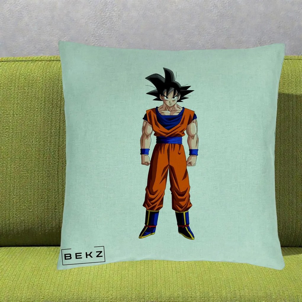 Perna Personalizata Dragon Ball Goku Complet in Gi Portocaliu, 40x40 cm, Verde Menta, Husa Detasabila, Perna Inclusa, BEKZ®