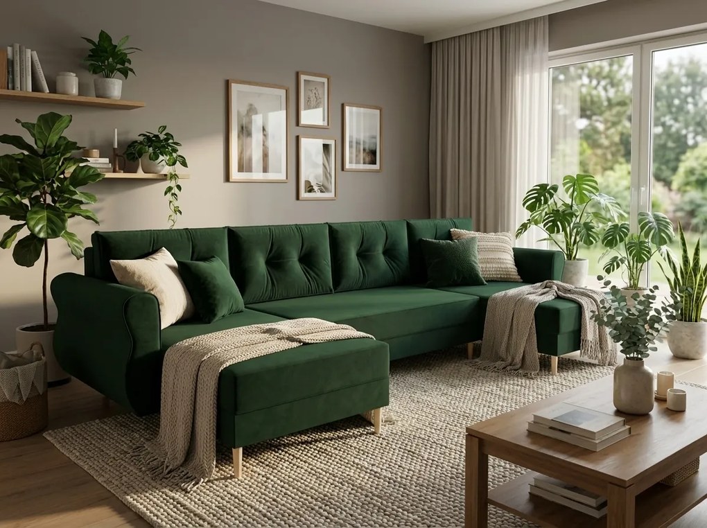 Canapea extensibila in forma de U SILVIANO 300x140 cm, verde inchis + 2 pernute CADOU