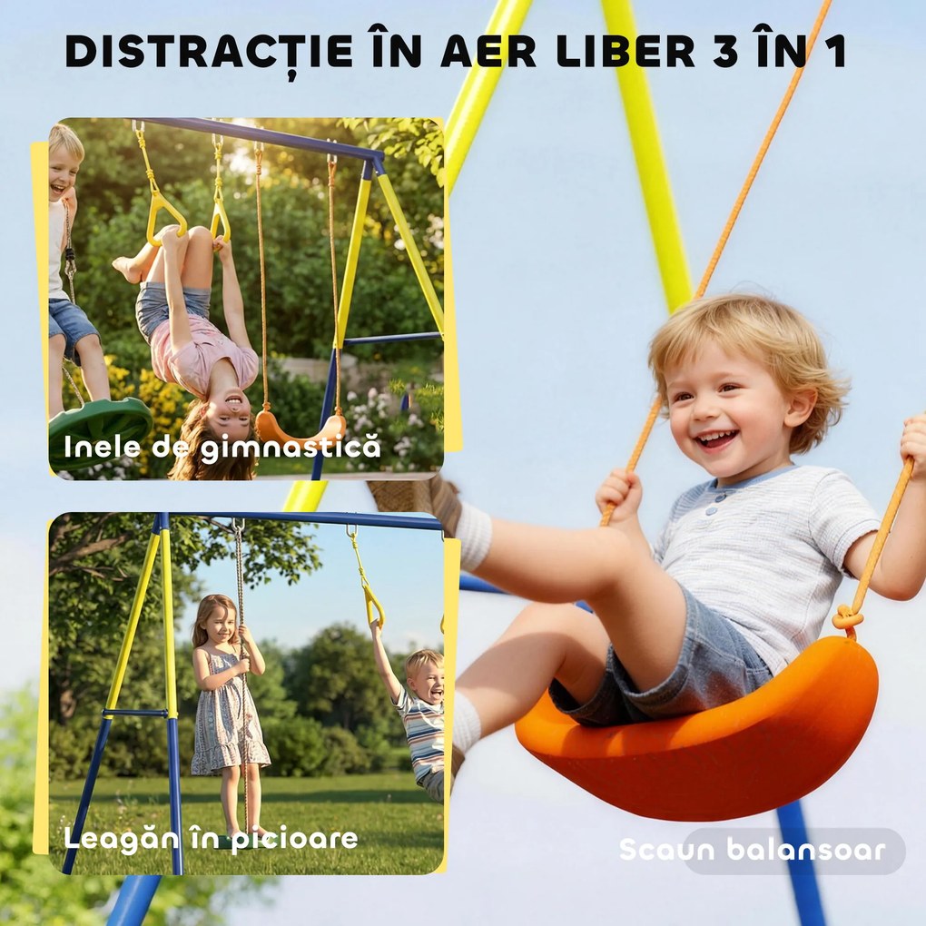 AIYAPLAY Set Leagăn de Grădină 3 în 1 pentru Copii cu Leagăn în Picioare, Inele Gimnastice, Cadru A din Oțel, Leagăne Duble pentru Copii, Capacitate 150kg, Exterior, 3-8 Ani, 285x160x181 cm | Aosom Romania