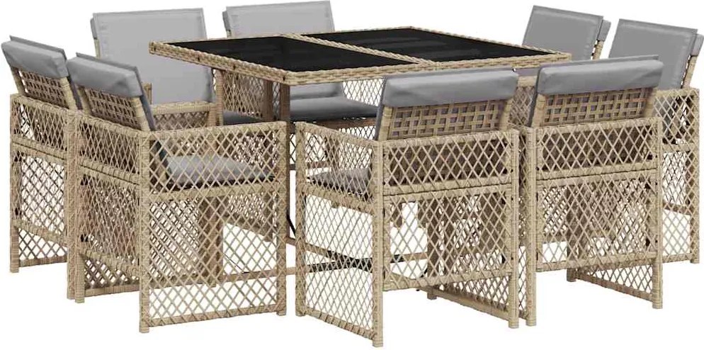 vidaXL Set de masă pentru grădină, 9 piese, cu perne, bej, poliratan