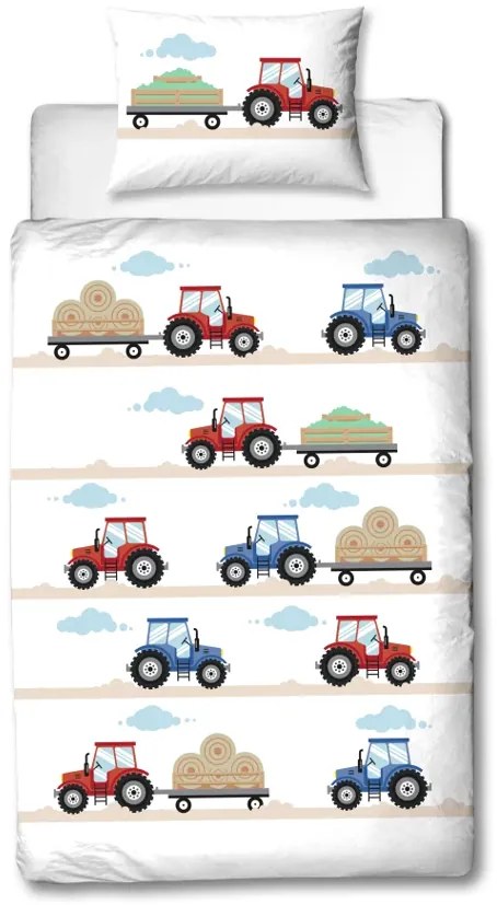 Lenjerie de pat flanelata pentru copii TRACTOR alba Dimensiune lenjerie de pat: 80 x 80 cm | 135 x 200 cm