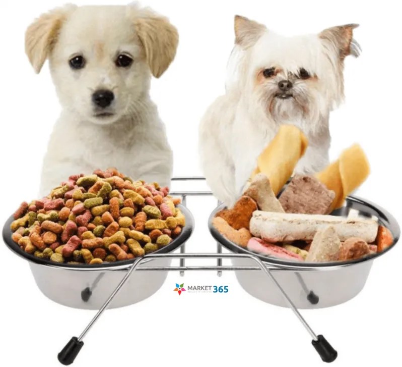 Set 2 castroane din inox pentru animale, suport metalic,2 x 4.7 Litri