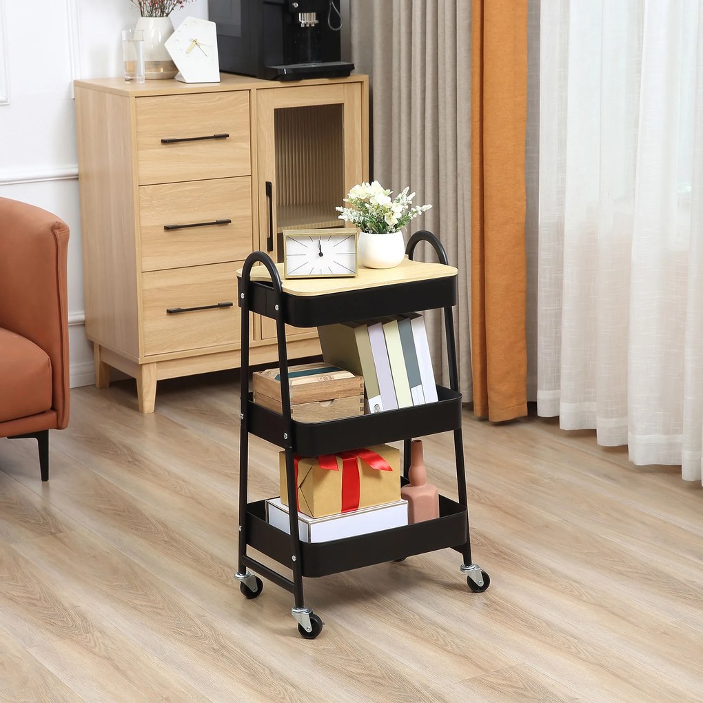 HOMCOM Servieta cărucior de stocare din oțel cu rotile cu 3 niveluri, cu blat MDF, mânere dim. 45L x 31l x 79,4H cm | Aosom Romania