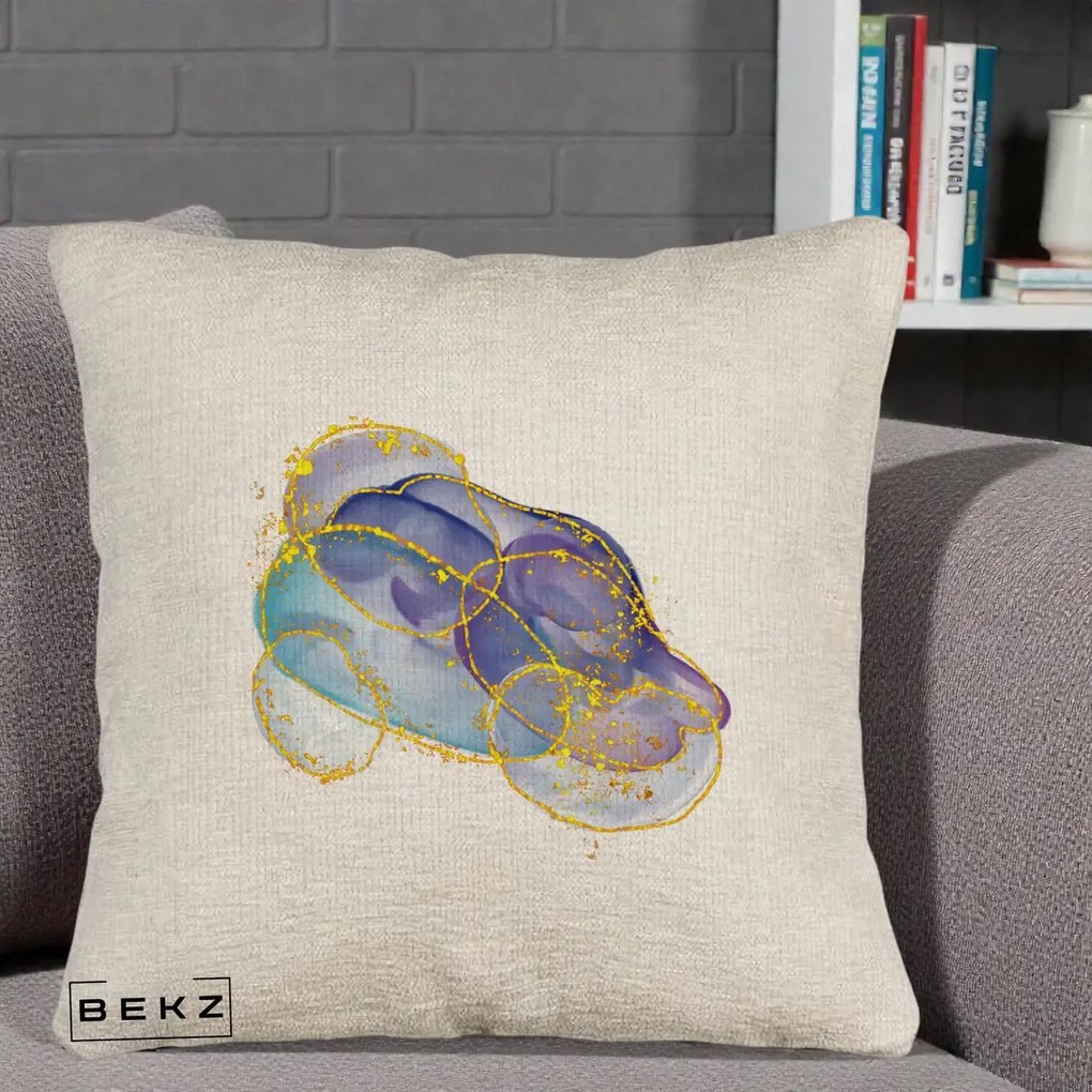 Perna Decorativa Abstract Acuarela Albastru-Mov cu Cercuri Aurii, 40x40 cm, Bej Canapea, Husa Detasabila, Perna Inclusa, BEKZ®
