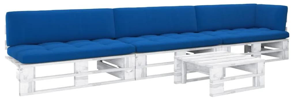 Set mobilier paleti cu perne, 4 piese, lemn pin alb tratat Albastru regal, colt + 2x mijloc + masa, Alb, 1