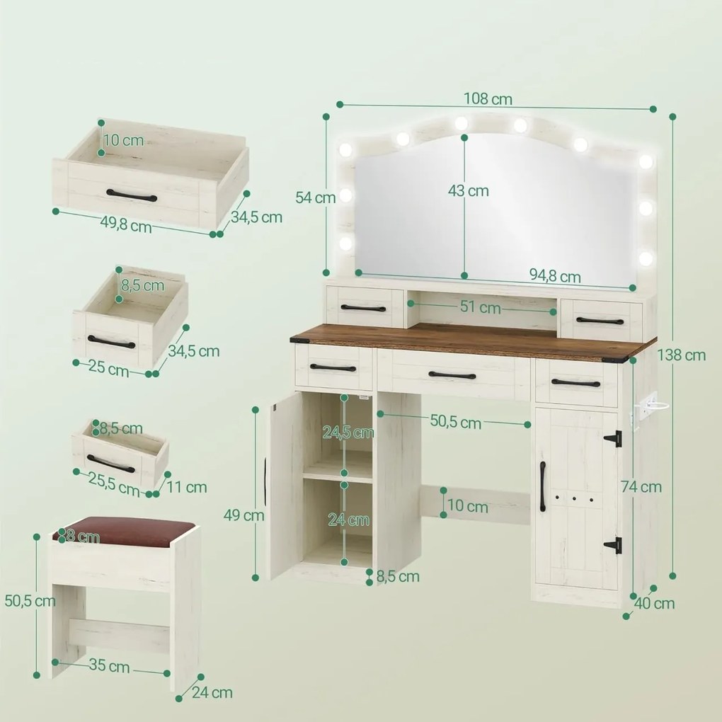 SEA818 - Set Masa toaleta 108 cm, cosmetica machiaj, oglinda cu LED, masuta vanity cu Priza, USB si Suport Uscator par, scaunel tapitat - Alb