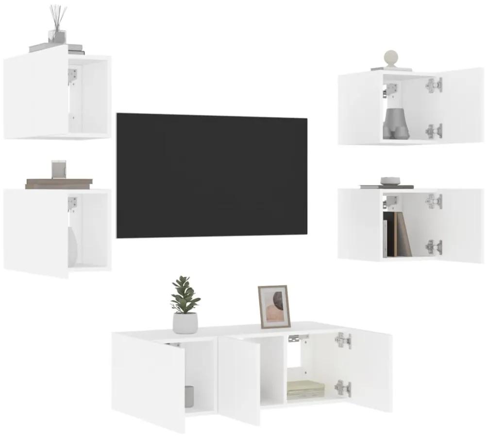 3216811 vidaXL Unități de perete TV cu LED-uri, 6 piese, alb, lemn prelucrat