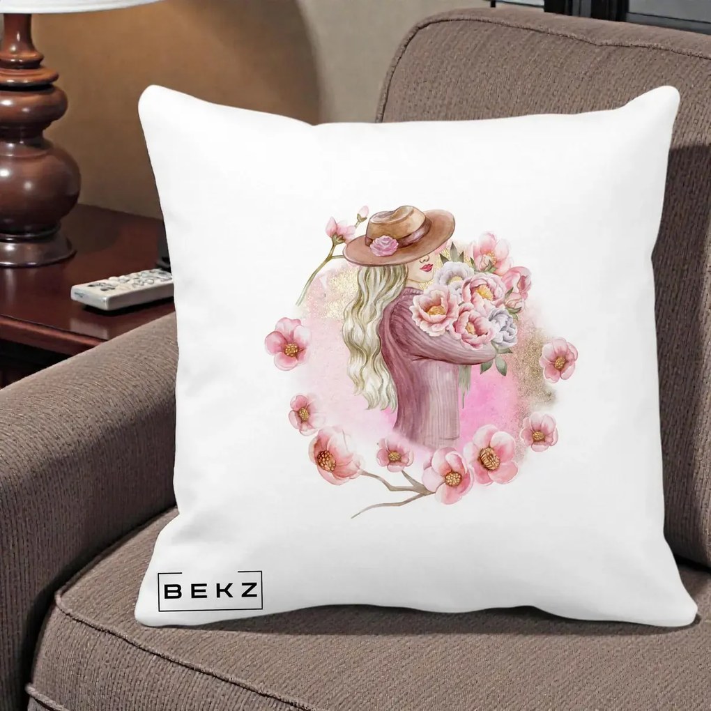 Perna Decorativa Femeie cu Flori Roz Acuarela, 40x40 cm, Alba Mata, Husa Detasabila, Perna Inclusa, BEKZ®