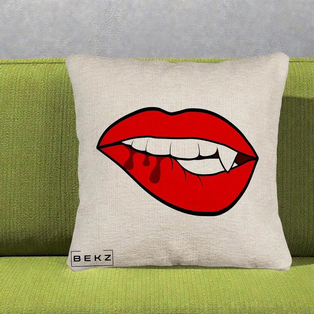 Perna Decorativa Vampire Lips Halloween, 40x40 cm, Bej Canapea, Husa Detasabila, Perna Inclusa, BEKZ®