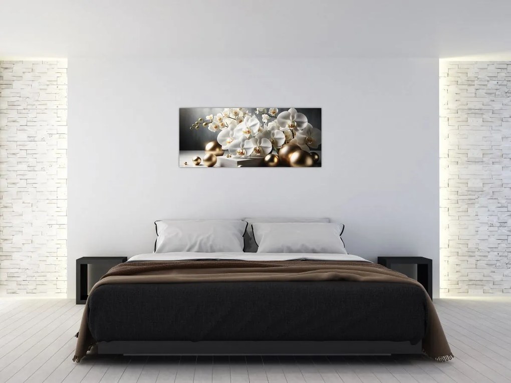 Tablou - Orhidee și bile aurii (120x50 cm)