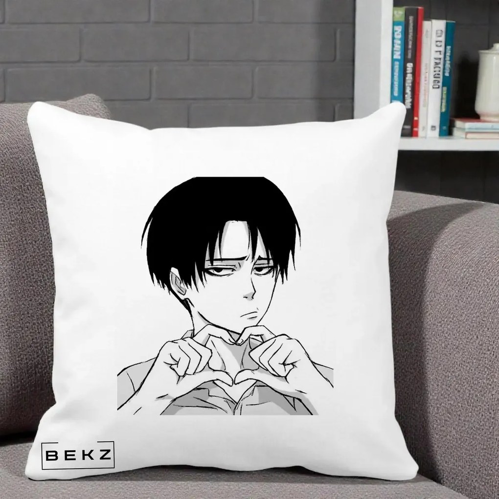 Perna Personalizata Levi Ackerman Inima, 40x40 cm, Alba Mata, Husa Detasabila, Perna Inclusa, BEKZ®