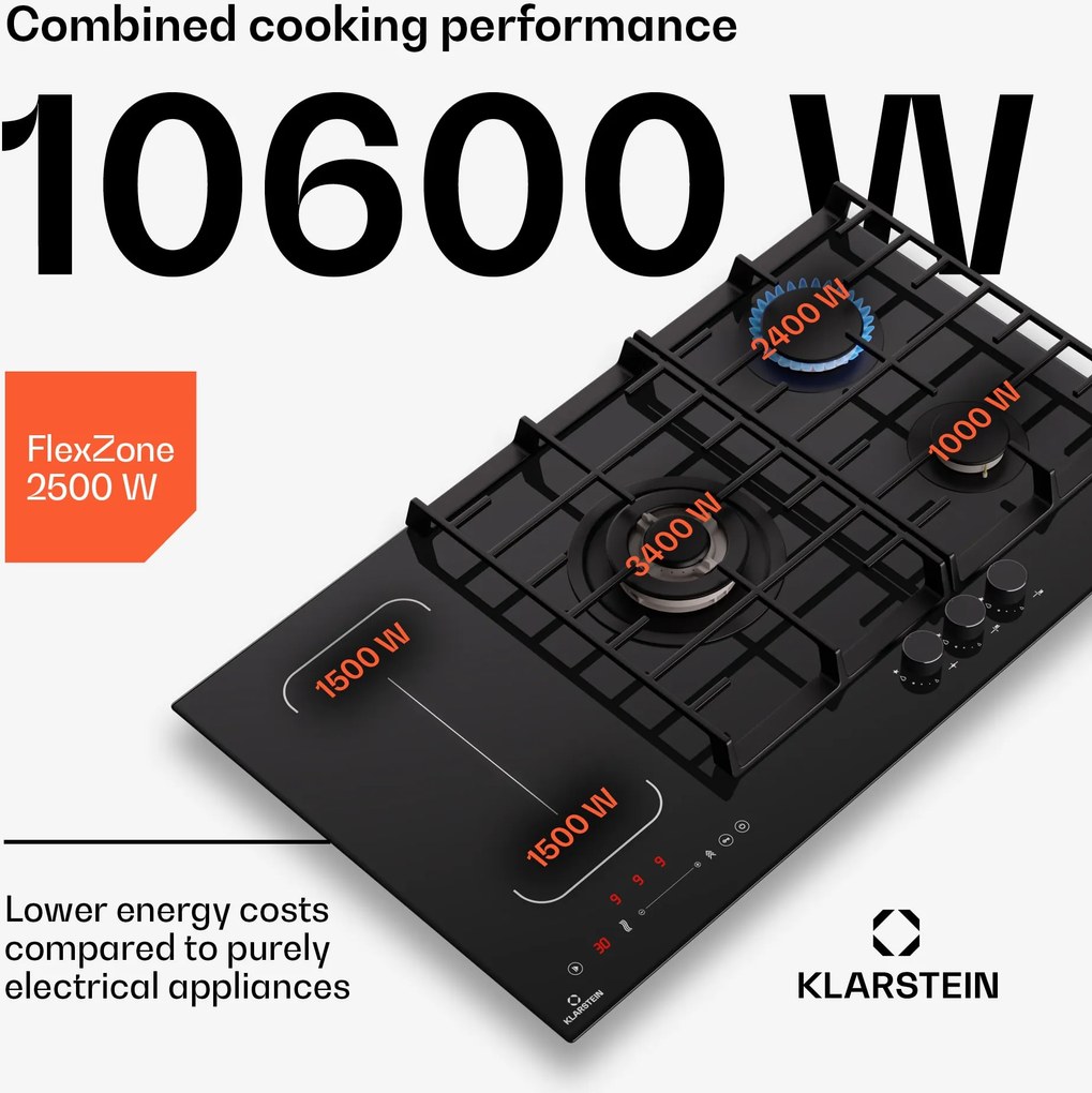 Klarstein MultiChef 5, plită cu inducție și gaz, 5 zone de gătit, 3 arzătoare cu gaz, 2 plite cu inducție, FlexZone