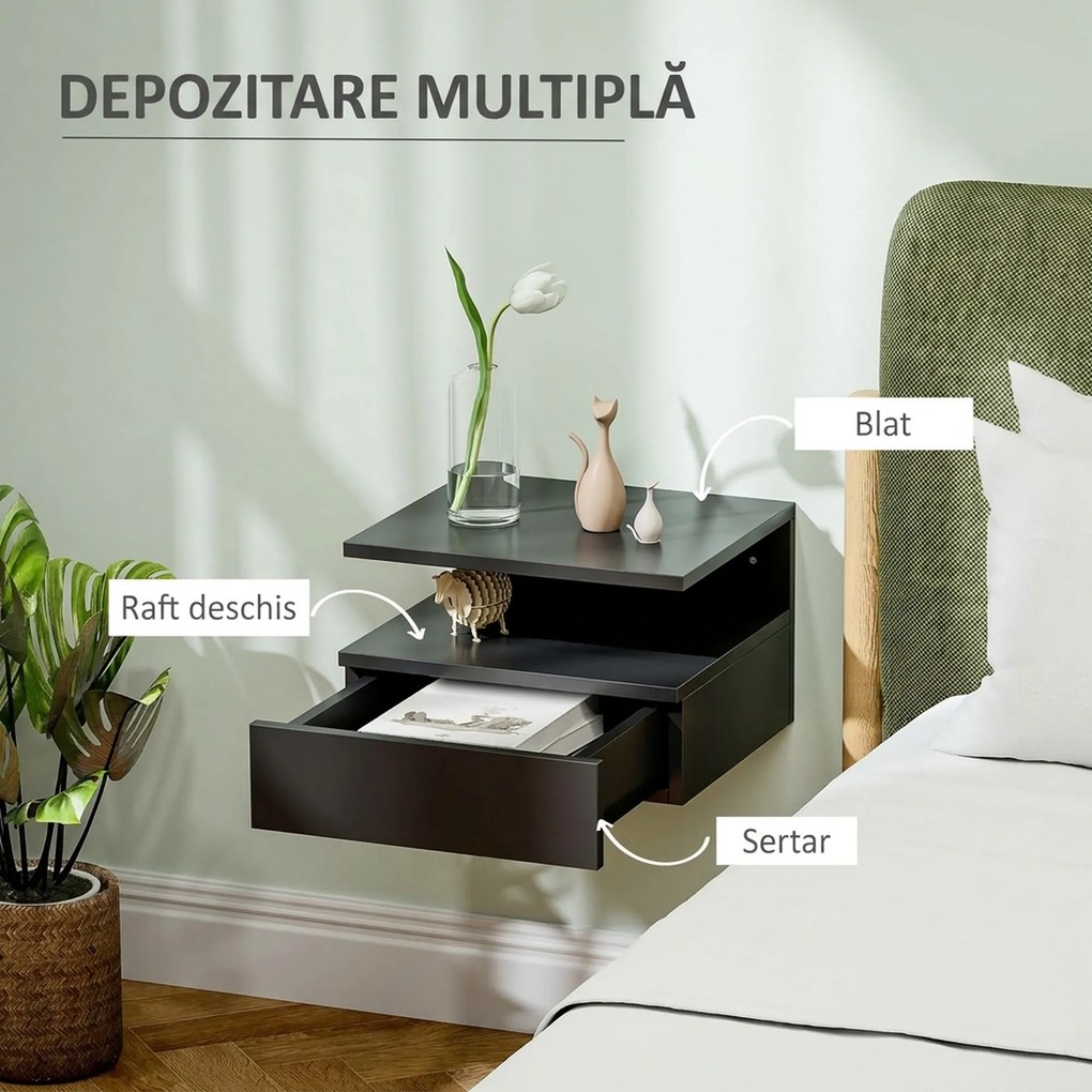 HOMCOM Noptieră Suspendată cu Sertar și Raft Superior din Lemn, 35x32x22,5 cm, Negru | Aosom Romania