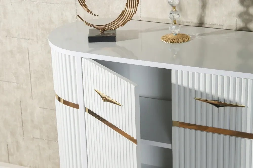 RESIGILAT- Comoda TV cu riflaje, Alb/Auriu, 180x40x80 cm