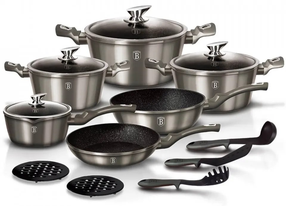 Set oale si tigai marmorate (15 piese) din aluminiu forjat Carbon Metalic Line Berlinger Haus BH 1223N