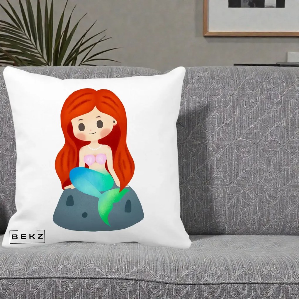 Perna Personalizata Sirena Kawaii Roscat, 40x40 cm, Alba Mata, Husa Detasabila, Perna Inclusa, BEKZ®