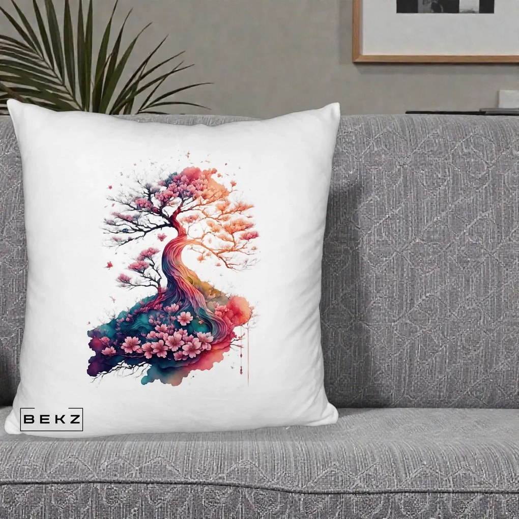 Perna Decorativa Copac Sakura Acuarela Fantasy, 40x40 cm, Alb Pufos, Husa Detasabila, Perna Inclusa, BEKZ®
