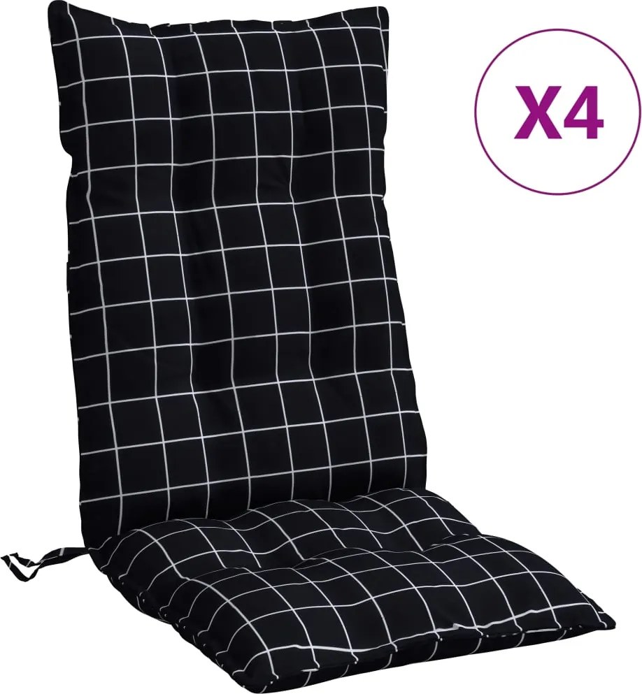 vidaXL Perne scaun cu spătar înalt, 4 buc. negru carouri textil oxford