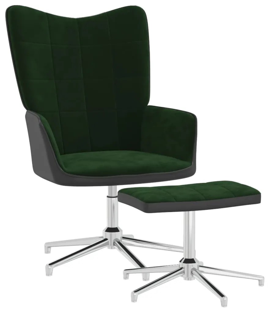 327866 vidaXL Scaun de relaxare cu taburet, verde închis, catifea și PVC