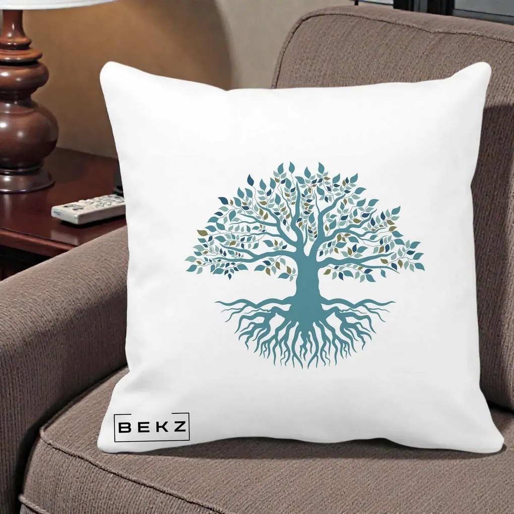 Perna Decorativa Copacul Vietii Teal cu Radacini, 40x40 cm, Alba Mata, Husa Detasabila, Perna Inclusa, BEKZ®