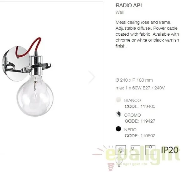 Aplica de perete design modern RADIO AP1 NERO 119502