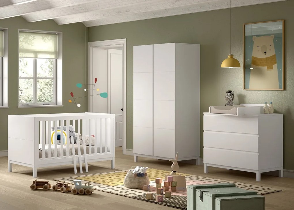 Set Complet Cameră Copii EVA: Pătuț Transformabil 70x140 cm, Comodă cu 3 Sertare, Masă de Înfășat și Dulap 2 Uși, Alb – Vipack