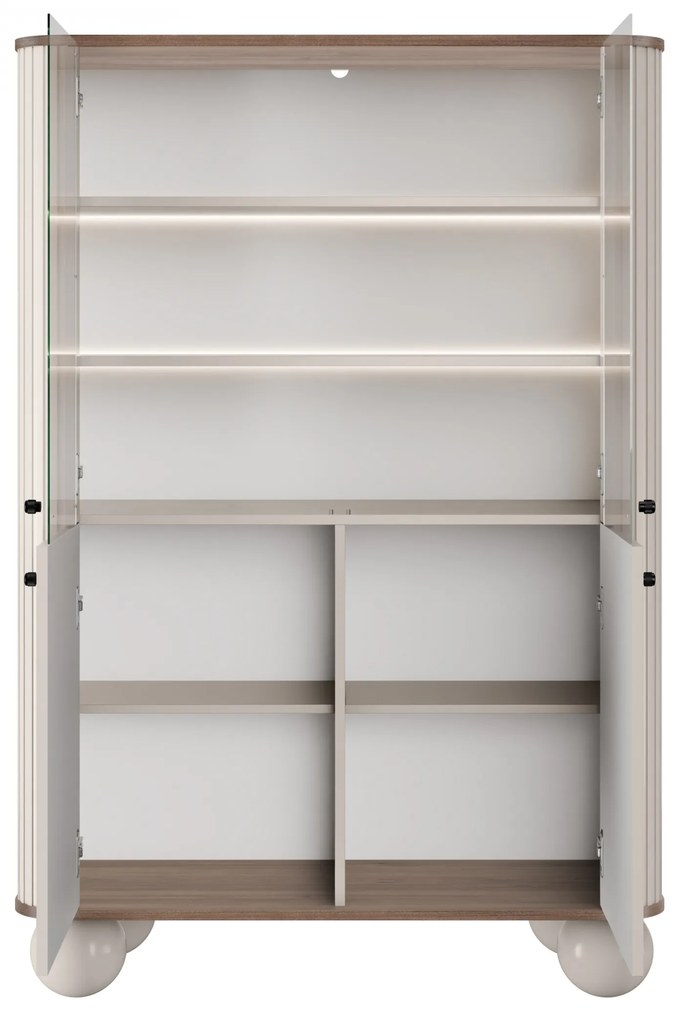 Vitrină cu patru uși Vesper 103 cm - cașmir / nuc / mânere negre / picioare rotunde