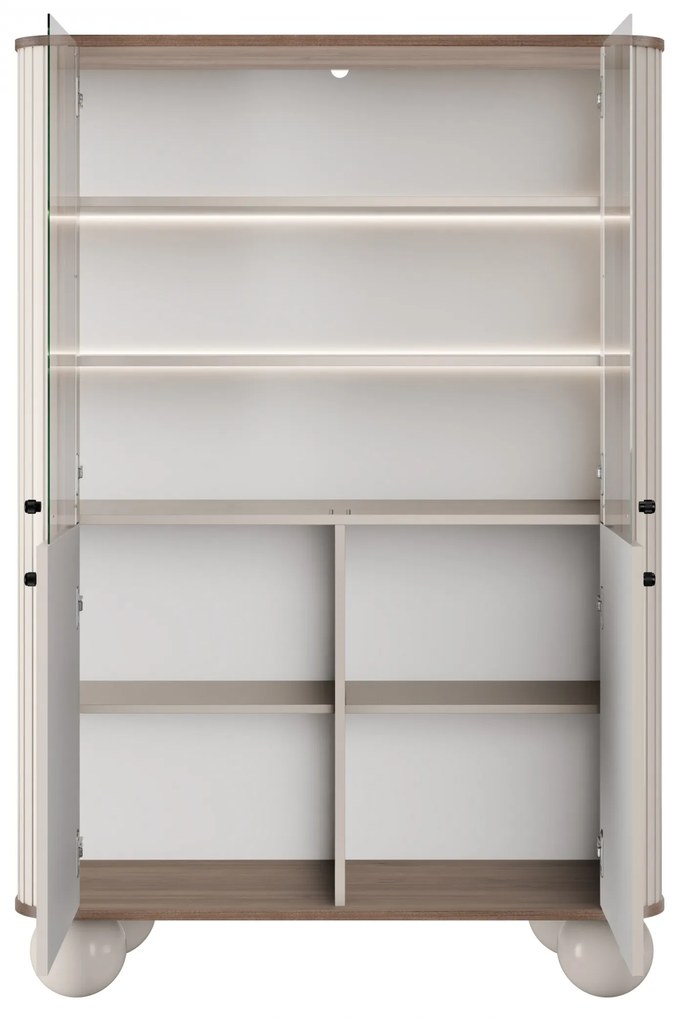 Vitrină Vesper 103 cm cu 4 uși - cașmir / nuc / mânere negre / picioare sferice