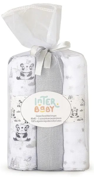 Set 3 museline 80 x 80 cm model panda alb si gri Inter Baby