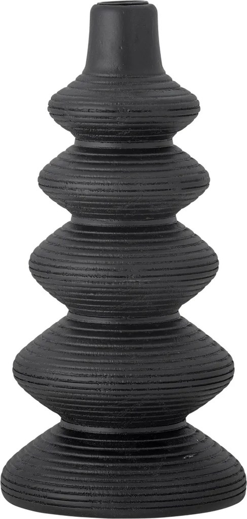 Sfeșnic din lemn, negru, cu formă sculptată din inele suprapuse, finisaj lăcuit, 27,5 x 13,5 cm, „Ari”