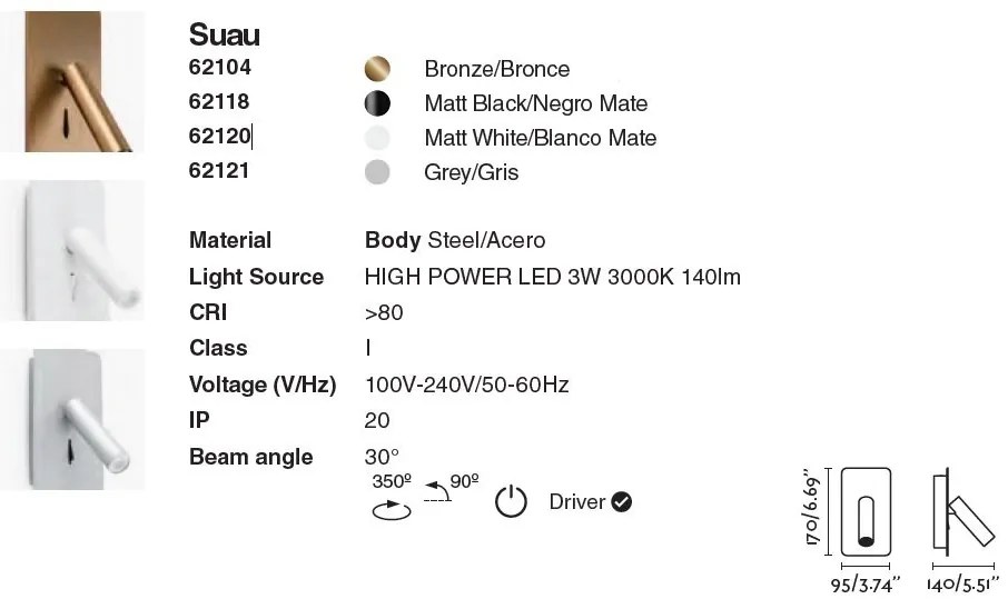 Aplica cu reader LED stil minimalist SUAU alba